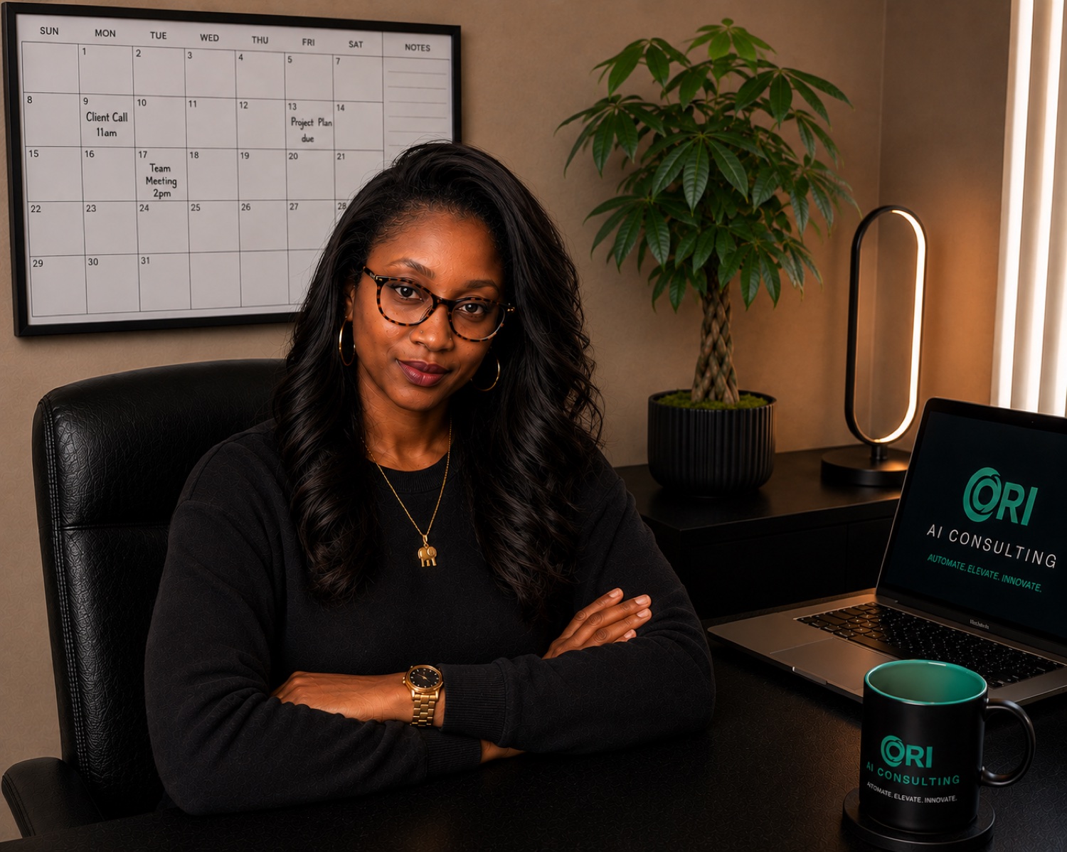 Suzette Overton at her desk in her New Mexico office, beside a laptop showing the ORI AI Consulting logo.